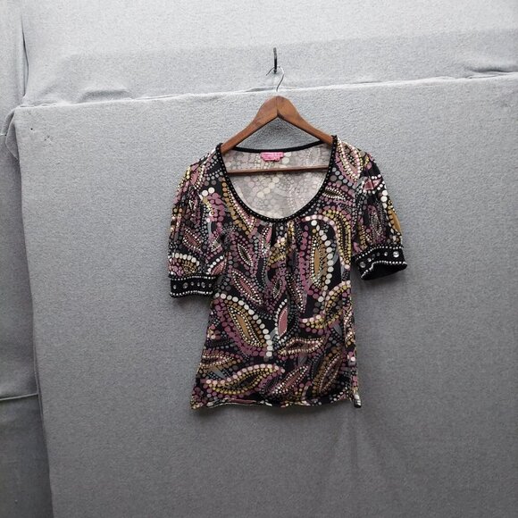 Joyous & Free Womens Printed Top With Beaded Cuffs Size M 90% Cotton 10% Spandex - Picture 1 of 6